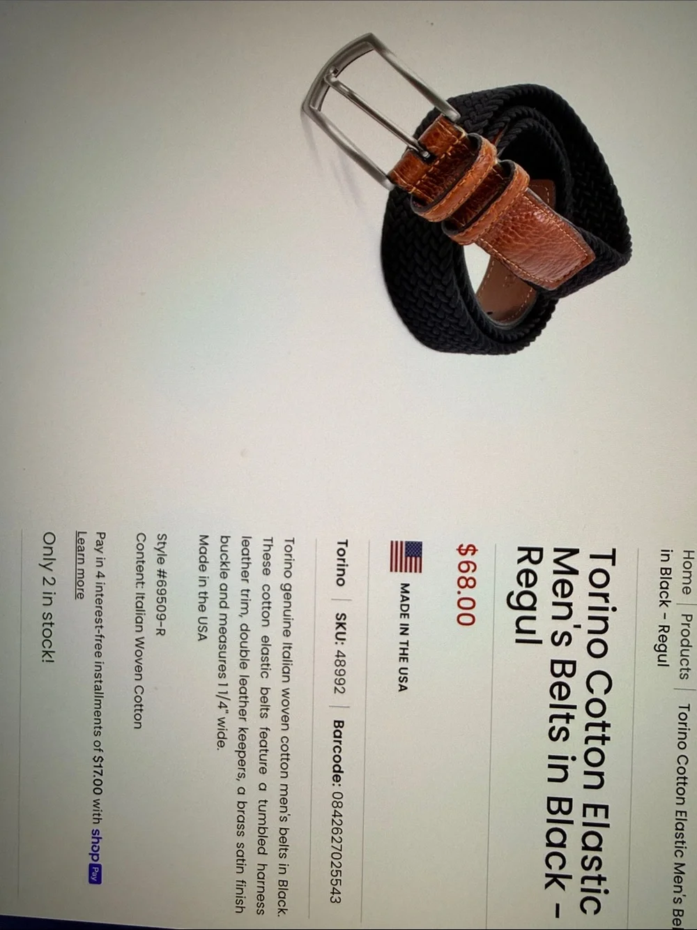 Torino Cotton Elastic Men's Belt in Black with Brown Leather Trim (scuff/ buckle